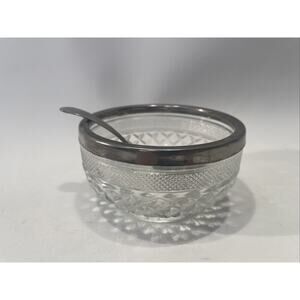 Vintage Silver Plated Edged Crystal Sugar Bowl From England - With Spoon